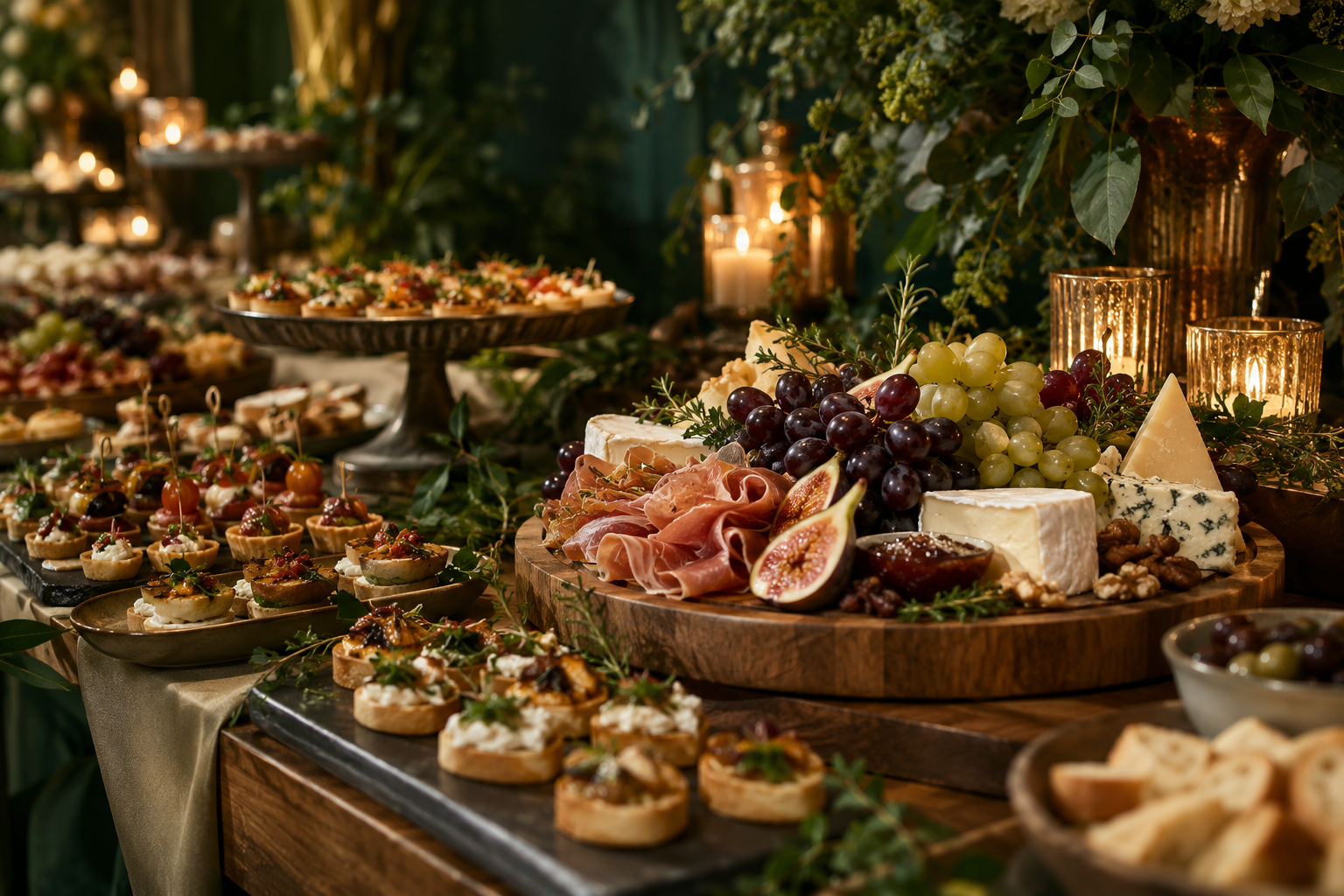 Composição ilustrativa de uma mesa de gastronomia para eventos, com canapés e iluminação acolhedora